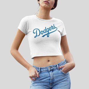 NEW Los Angeles Dodgers Script Wordmark Form Fit Crop Top Shirt WHITE